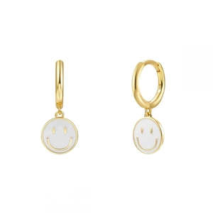 Golden S925 sterling silver hoop earrings with white enamel smiley face pendant
