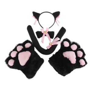 Panoplie cosplay chat 5 pièces avec pattes en peluche noires et roses, oreilles et queue