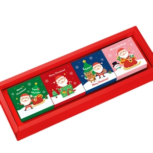 Red Christmas gift box set with festive illustrations of Santa Claus and elk on white background