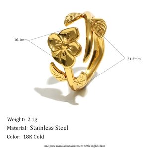 Minimalist 18K gold plated stainless steel open ring featuring a delicate flower and leaf design