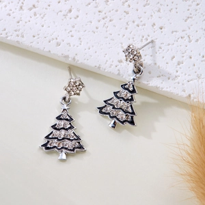 Sparkling silver Christmas tree earrings with black enamel and clear rhinestones for women