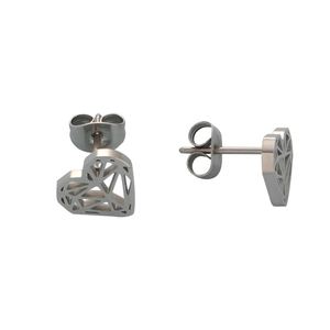 Minimalist stainless steel hollow heart stud earrings in silver finish from two angles