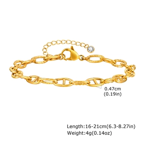 Detail shot of gold chain bracelet with zircon charm showing 0.47cm width and adjustable length