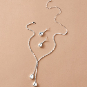 Elegant silver-tone waterdrop rhinestone bridal jewelry set with Y-shaped necklace and earrings
