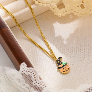 Golden Halloween pumpkin and wizard hat enamel pendant necklace for women
