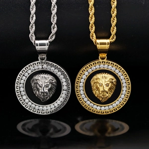 Lion Head Pendant Necklace Stainless Steel Gold Plated Cubic Zirconia Hip Hop Medallion Greek Key Pattern For Men Jewelry