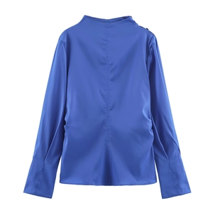 Damen Langarm Bluse Einfarbig Blau Plissee Rundhals Satin-Optik Schulter Zierknöpfe Pullover Top Mode