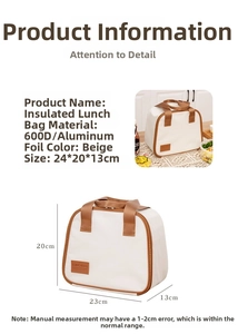 Dettaglio della borsa termica beige in tessuto 600D con dimensioni 23x20x13 cm