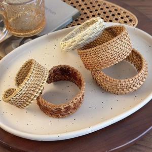 Ethnic handmade woven rattan open bracelets set in natural beige and brown tones
