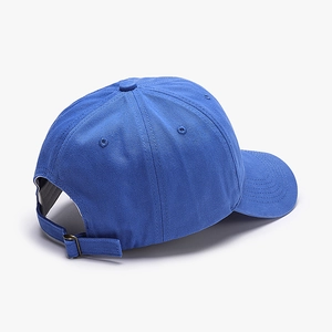 Royal blue vintage washed baseball cap with adjustable metal buckle on white background