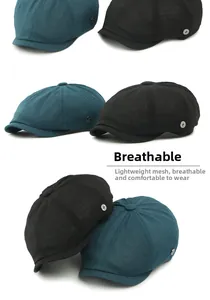 Detail of breathable mesh newsboy cap with metal button decoration and lightweight texture