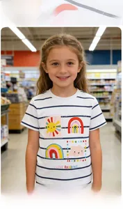 Detail of white striped cotton t-shirt featuring a colorful rainbow and sun print