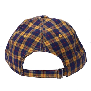 Back view of a plaid cotton baseball cap with an adjustable silver metal buckle