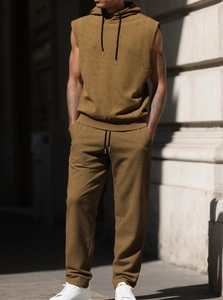 Sleeveless earth mustard mustard hoodie and joggers set with premium knit texture