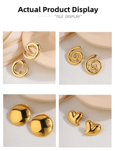 Detail display of four 18k gold plated titanium steel earrings in unique geometric shapes