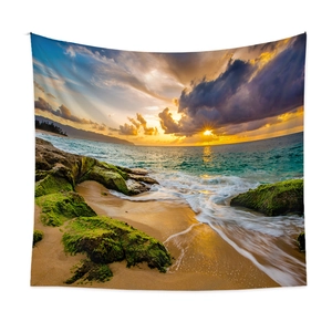 Détail de tapisserie murale avec impression de paysage côtier et vagues au coucher du soleil