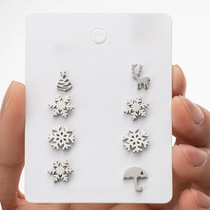 Detailed view of stainless steel earring set featuring snowflake, reindeer, and tree shapes