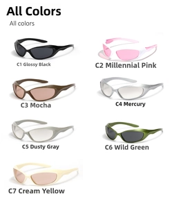 Detailed view of square Y2K sunglasses in seven colors including pink and silver