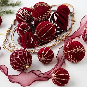 Christmas Ornaments Flocked Velvet Hanging Balls Bows Xmas Tree Decorations Festive Home Party Decor Painted Wine Red