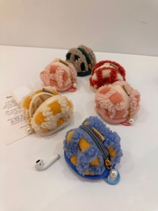 Cute waffle fleece mini earphone cases with checkerboard patterns and pearl zipper charms