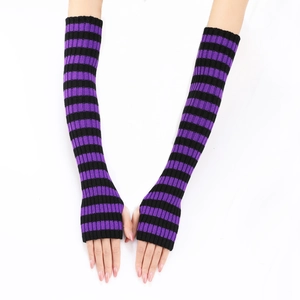 Detail of purple and black striped knit fingerless arm warmers with thumb holes