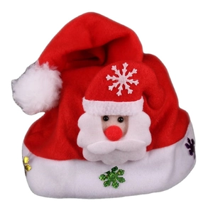 Classic plush red Santa hat with 3D Santa Claus figure and colorful glittery snowflakes