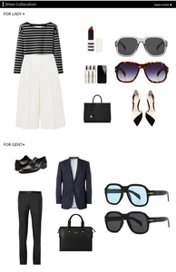Flat lay fashion guide featuring retro flat top sunglasses with chic business outfits