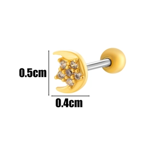 Detail view of gold moon and star cartilage stud with 0.5cm by 0.4cm size markers