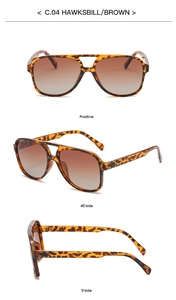 Three-view layout of pilot sunglasses with tortoiseshell frames and brown gradient lenses