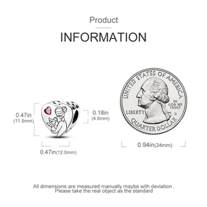 Silver heart charm with mother and baby engraving showing exact size dimensions