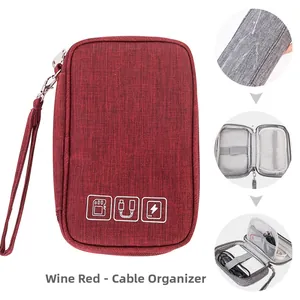 Close-up of waterproof burgundy digital cable organizer bag showing texture and grid mesh