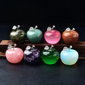 Apple Shaped Natural Crystal Stone Ornament Statuette With Metal Rhinestone Leaf Desk Decor Christmas Gift Hand Carved