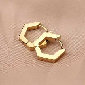 Minimalist geometric gold hexagonal huggie hoop earrings with polished stainless steel finish