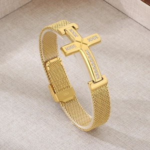 Golden stainless steel cross bracelet with sparkling zircons on mesh watch band