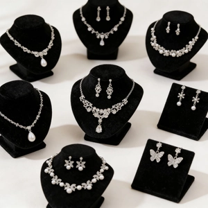 Detailed display of silver jewelry sets with necklaces and earrings on black stands
