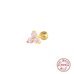Detail of S925 sterling silver geometric triangle stud with pink zircon and screw ball back