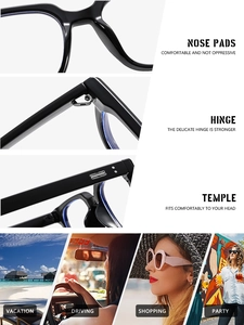 Detail of black bold frame glasses with integrated nose pads and metal reinforced hinges