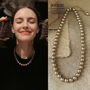 Retro Imitation Artificial Pearl Choker Necklace For Women Elegant Champagne Gold Alloy Clavicle Chain Jewelry