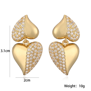 Elegant gold heart earrings with white cubic zirconia crystals, 3.1cm height size view