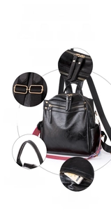 Detail view of smooth zippers, adjustable straps, and durable faux leather of the backpack