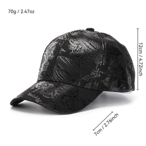 Black baseball cap with silver floral print and 70g weight specifications shown