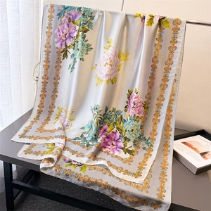 Elegant faux silk floral scarf with large peonies and vintage yellow borders on grey
