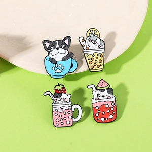 Set of four cute cartoon cat and dog enamel pins in colorful drink cups and boba tea