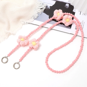 Pink plush beaded lanyard for phone and bag with handmade crochet wool flower charms