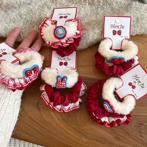 Plush Hair Scrunchies Fabric Red Faux Fur Trim Plaid Cartoon Bear Rabbit Bow Elastic Ponytail Holder Accessories