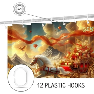 Detail of metal reinforced grommets and 12 plastic hooks for Christmas shower curtain
