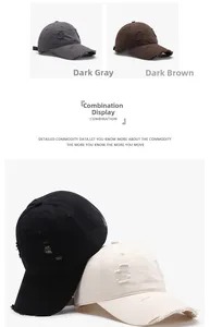 Distressed washed cotton baseball caps in dark grey, coffee, black and beige color options