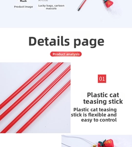 Detail of red cat wand toy with lucky bag charm and flexible rod for agile play