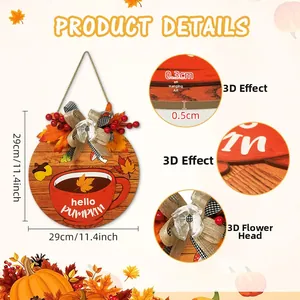 Detail of 11.4-inch Hello Pumpkin wooden sign showing 3D textures and ribbon accents