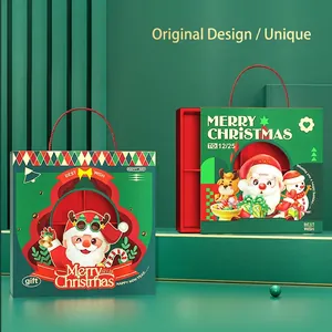 Green Christmas gift boxes with window and reindeer illustration and leather texture finish